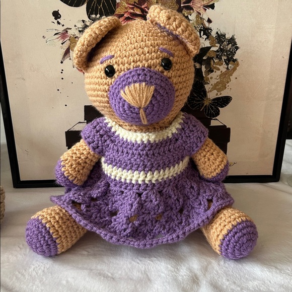 CreativelyM Other - Crochet Teddy Bear with Purple Dress - Handmade